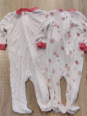 Baby Girls' Pink & White Strawberry Footed One-Piece Sleepers - Set of 2